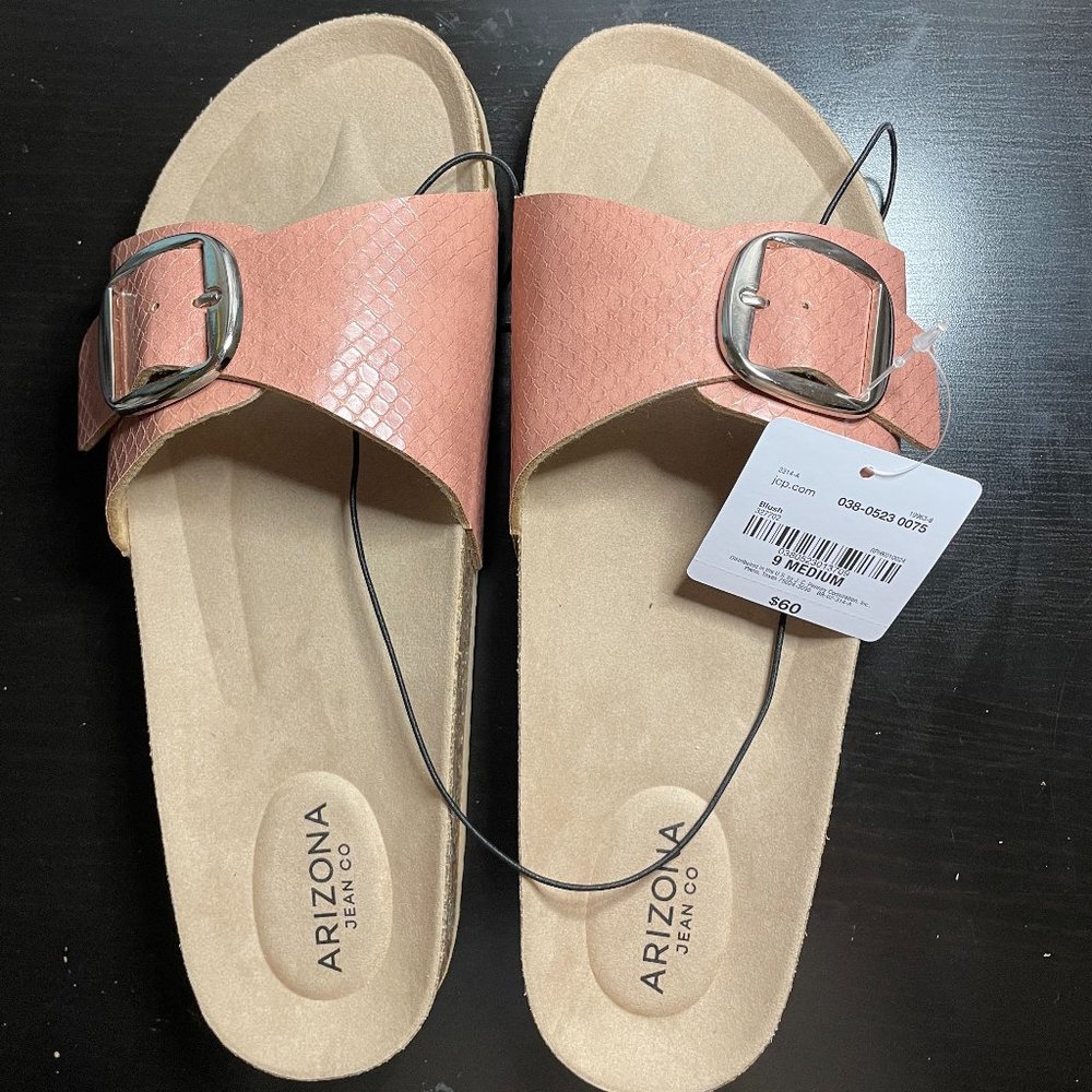 Sandals-Shoes 8.5 9 Blush Pink Snakeskin Buckle Flats Slides Faux Leather New